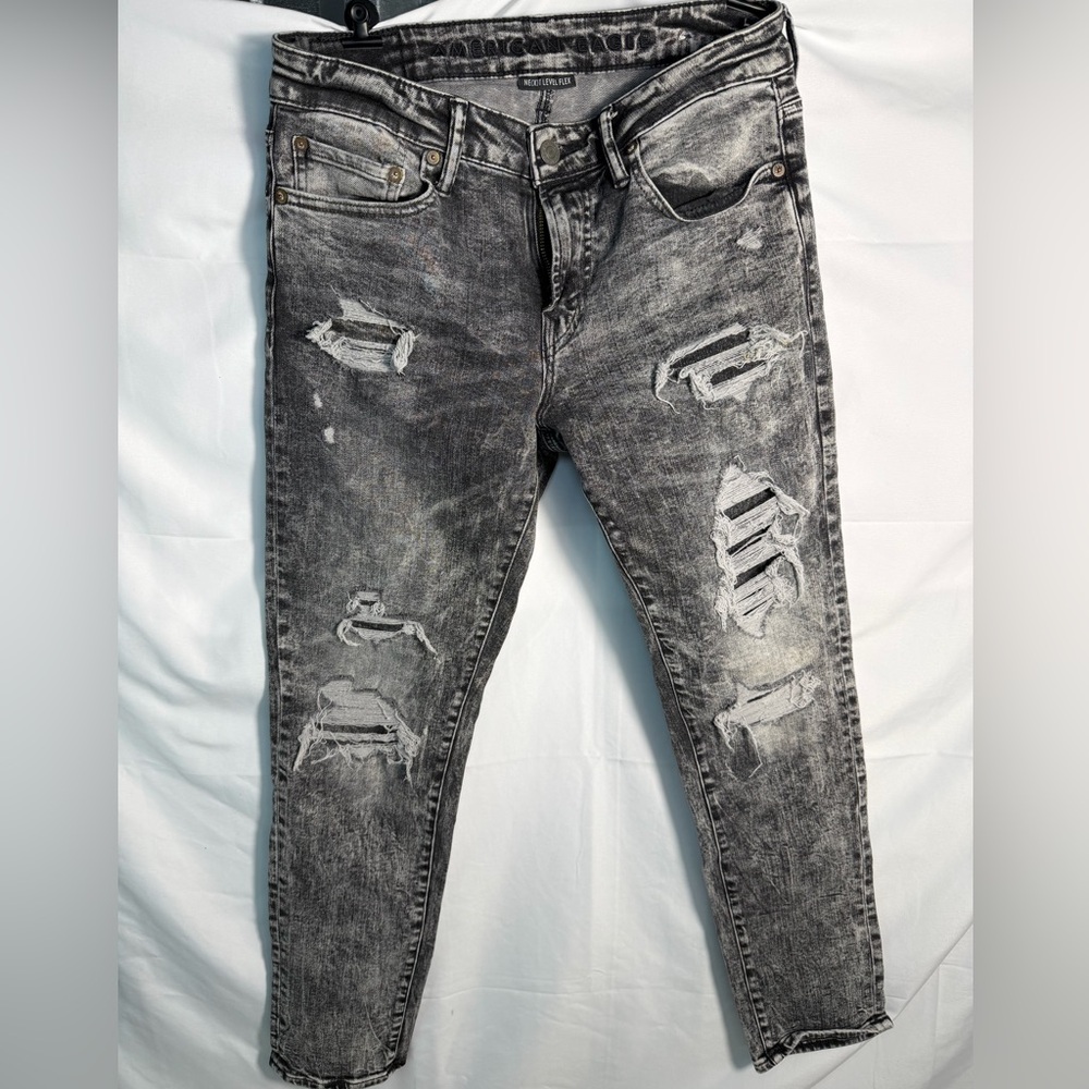American Eagle Next Level Flex 31 X 30 Black Acid Wash Distressed Jeans
